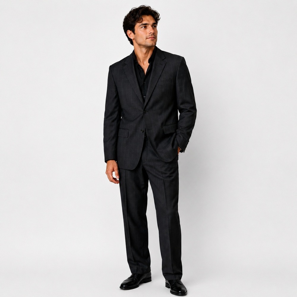 Nautica Mens 46L‎ 40L Brown w/ Light Blue Glen Plaid 100% Wool 2-Piece Suit N500